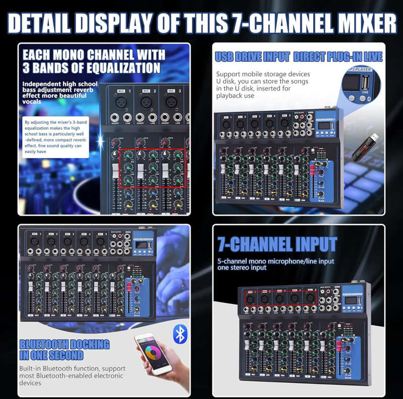 Lexuco 7 Channel Mixer with Bluetooth and USB Mixer