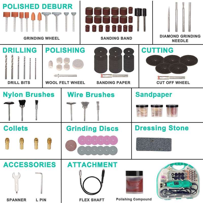 Mini Tool Kit 130W Rotary Tool With 211 Piece Accessories & Flexible Shaft