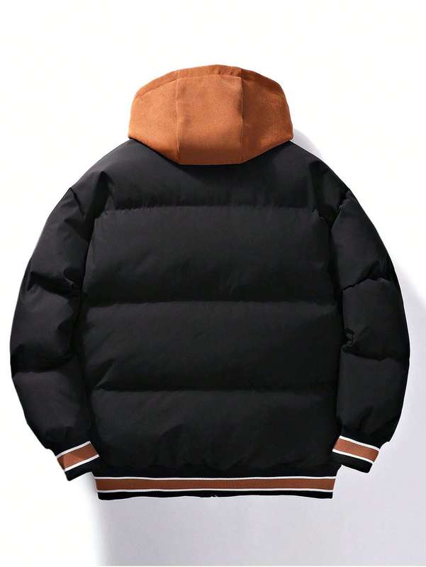 MWear Men Embroidery Letter Pattern Striped Trim Drawstring Hooded Puffer Coat