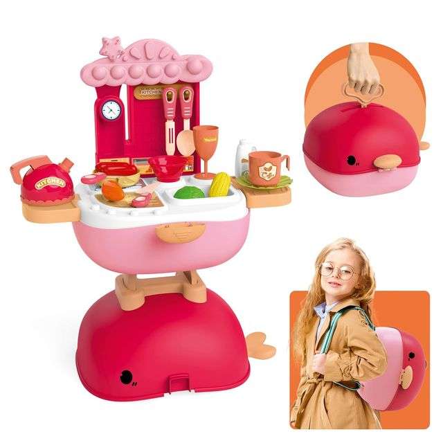3-in-1 Foldable Kitchen Role Play Set for Girls  30-Piece Pretend Cooking Toy with Portable Wh...
