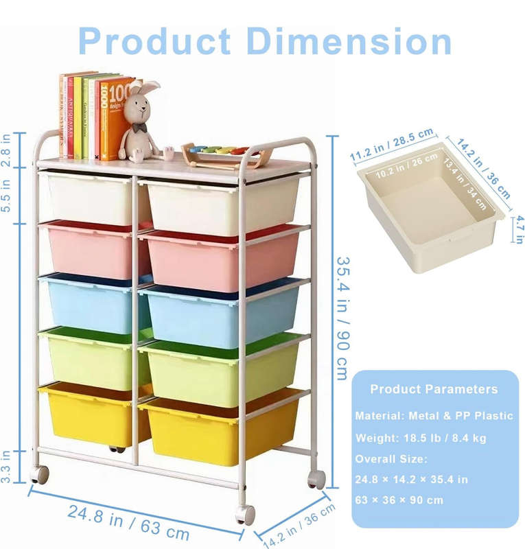 10 Drawers Rolling Storage Cart, Plastic Drawer Cart with Metal Frame, Multipurpose Art Craft Car...