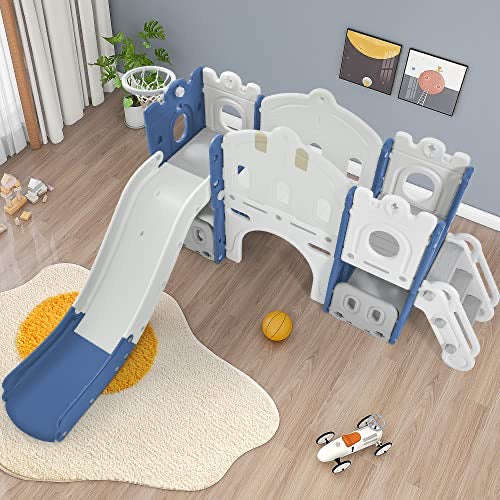 Kids Slide with Climber, Basketball Hoop, Tunnel and Storage Space, Outdoor Indoor Slide Playset ...