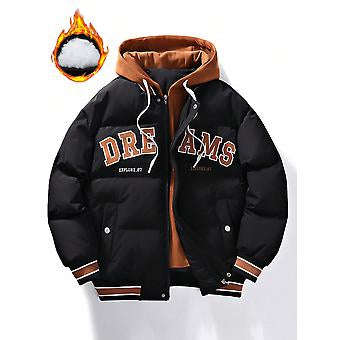 MWear Men Embroidery Letter Pattern Striped Trim Drawstring Hooded Puffer Coat