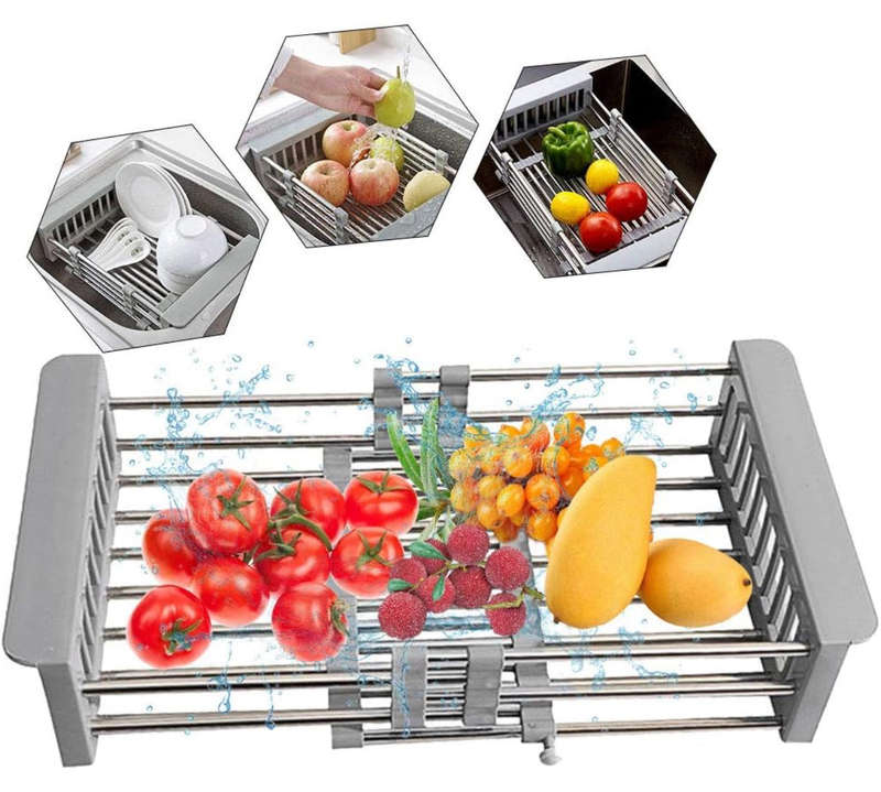 Expandable Dish Drying Rack, Utensil Holder over Sink Stainless Steel Dish Drainer Holder Functio...