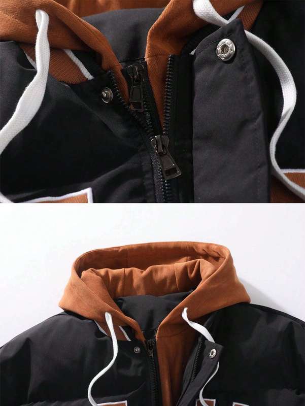 MWear Men Embroidery Letter Pattern Striped Trim Drawstring Hooded Puffer Coat