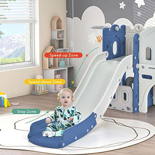 Kids Slide with Climber, Basketball Hoop, Tunnel and Storage Space, Outdoor Indoor Slide Playset ...