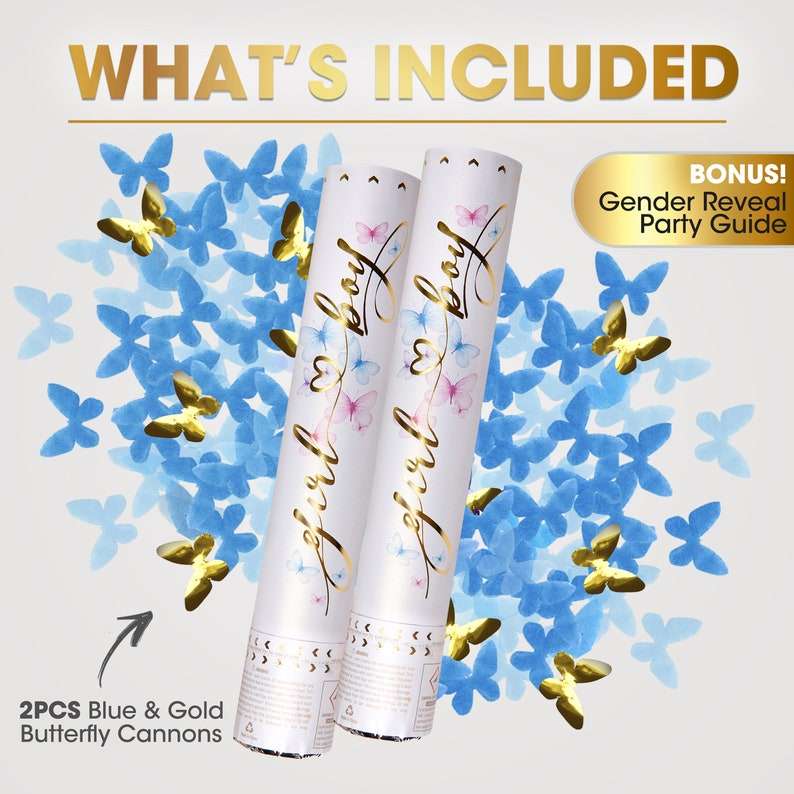 MParty Premium Gender Reveal Confetti Cannon - Set Of 2 - Butterfly Confetti In Pink or Blue, Fo...