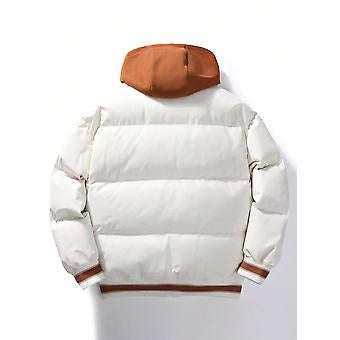 MWear Men Embroidery Letter Pattern Striped Trim Drawstring Hooded Puffer Coat