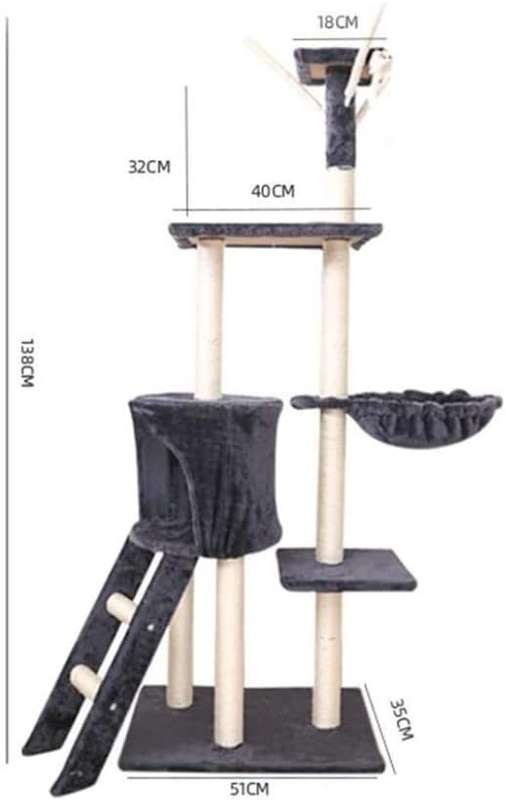 138cm Cat Tree Tower  Multi-Level Climbing Frame With Hammock & Sisal Scratch Posts