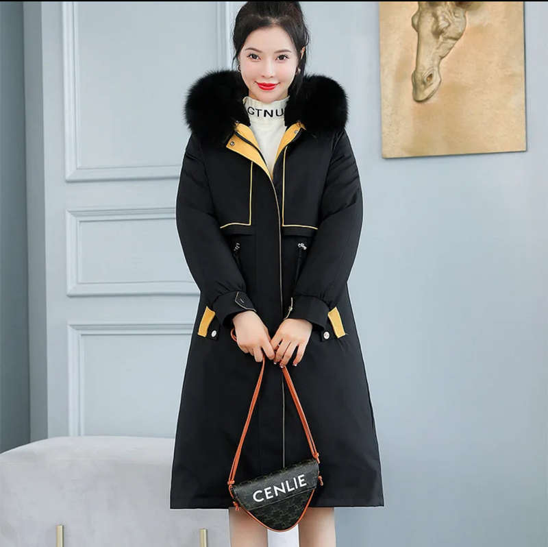 Winter Warm Women Long Parka Fur Collar Cotton Hooded Jacket