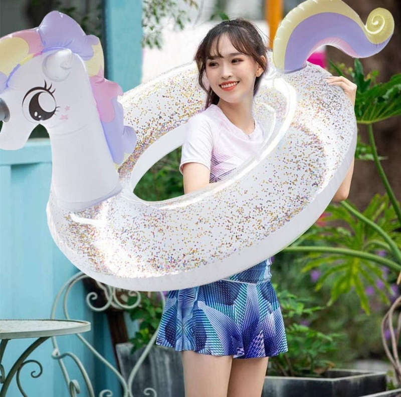 Inflatable Pool Floats, Unicorn Swimming Aids, Inflatable Swimming Ring, Glitter White Swimming R...