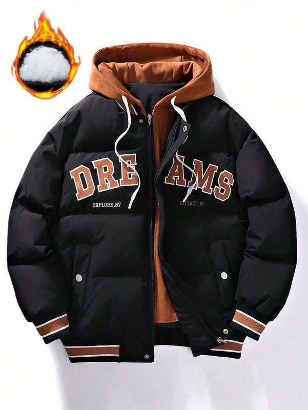 MWear Men Embroidery Letter Pattern Striped Trim Drawstring Hooded Puffer Coat