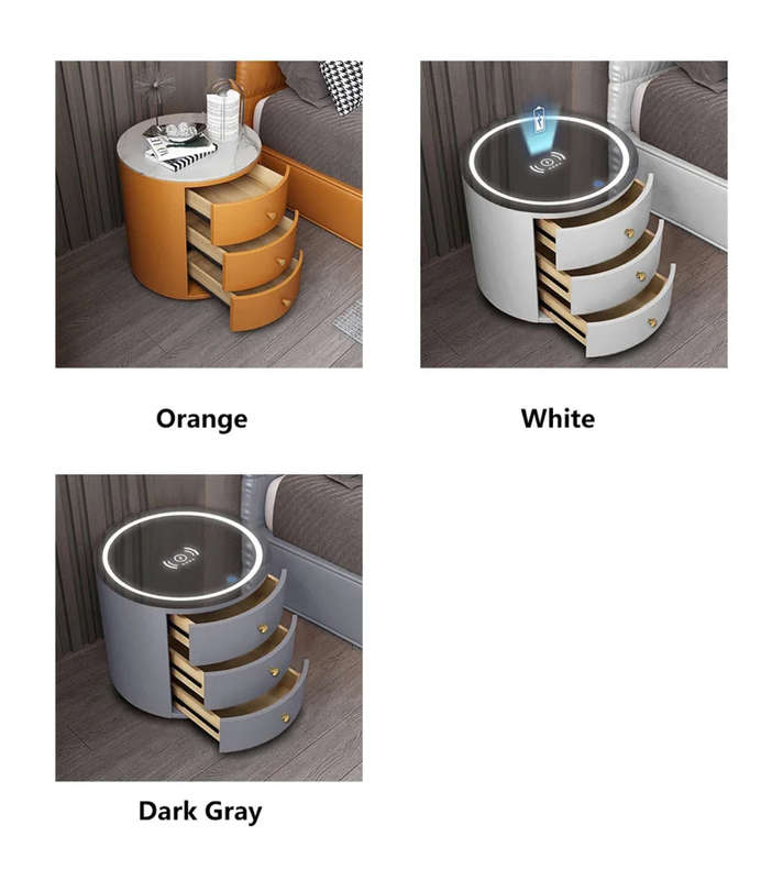 Round Bedside Table Smart Intelligent Audio Password Fingerprint Lock Wireless Charging Leather W...