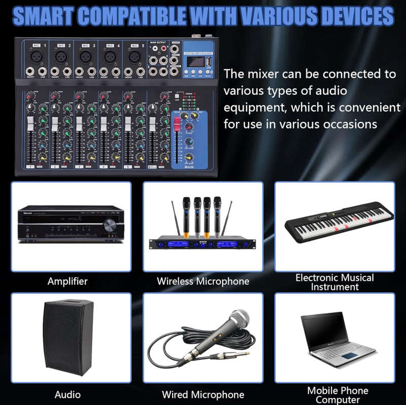 Lexuco 7 Channel Mixer with Bluetooth and USB Mixer