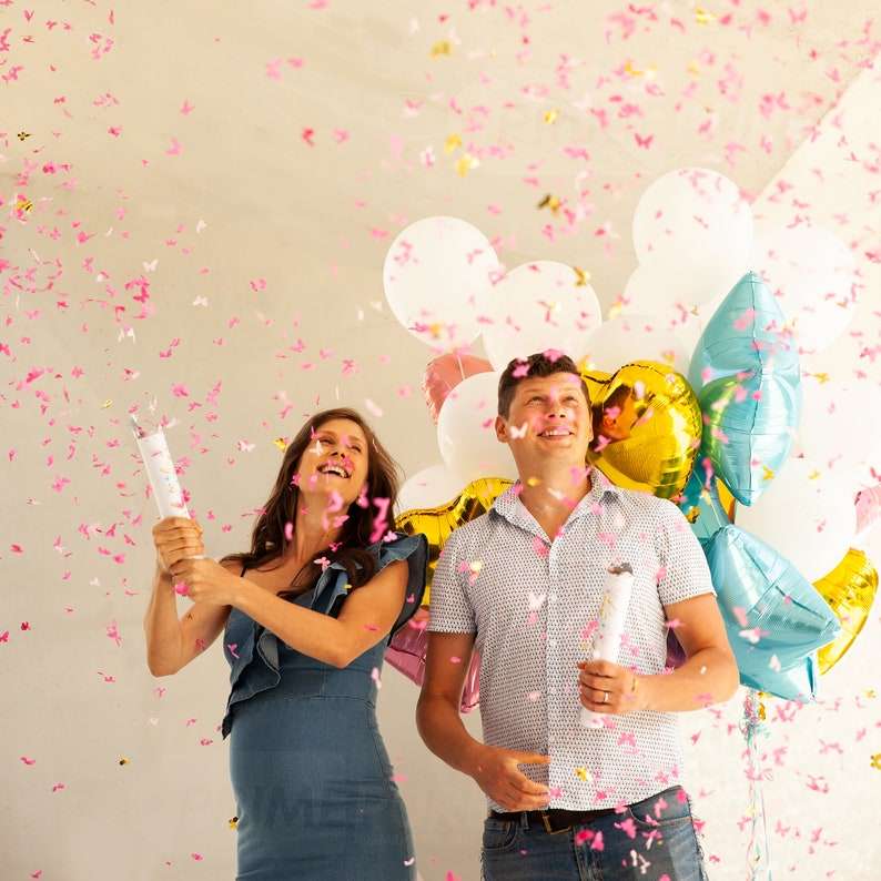 MParty Premium Gender Reveal Confetti Cannon - Set Of 2 - Butterfly Confetti In Pink or Blue, Fo...
