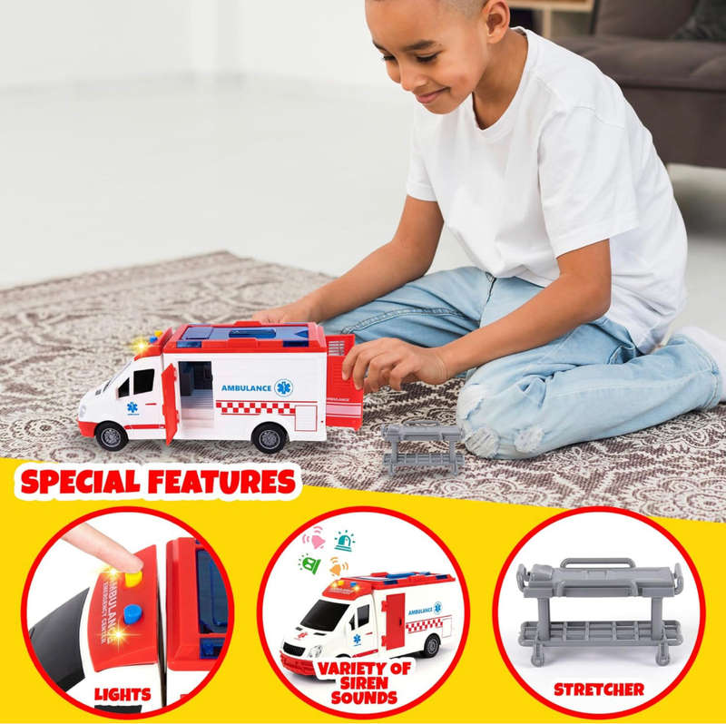 Ambulance Toy Truck for Kids ,Lights & Siren, Friction-Powered 1/16 Scale Rescue Toy Ambulance, E...