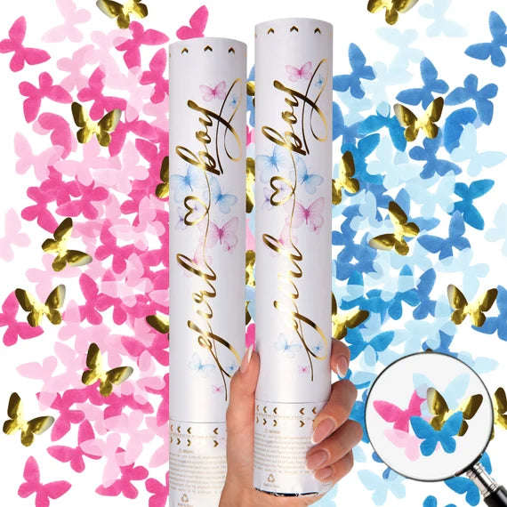 MParty Premium Gender Reveal Confetti Cannon - Set Of 2 - Butterfly Confetti In Pink or Blue, Fo...