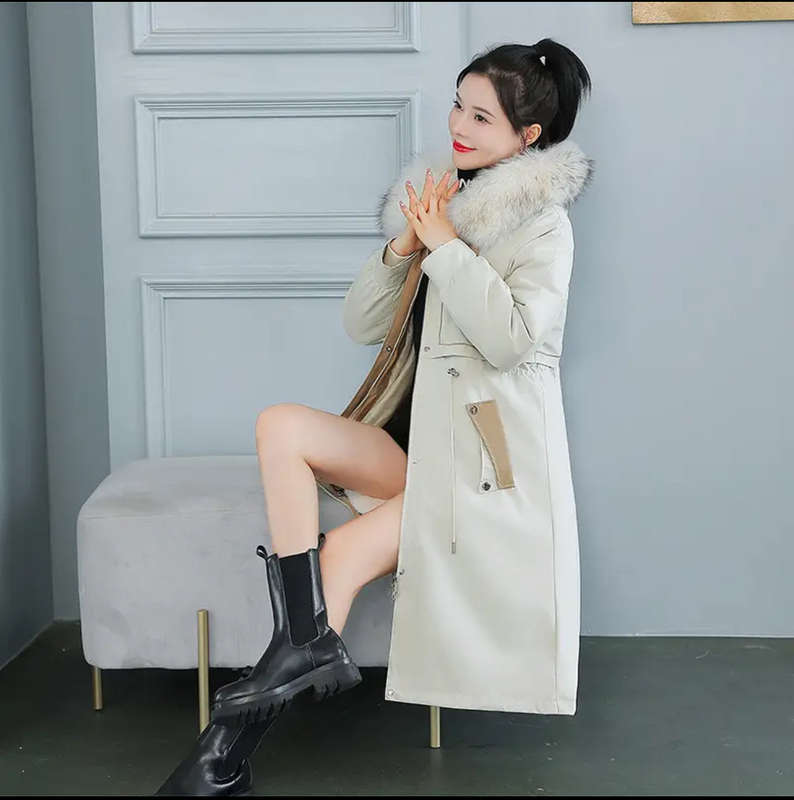 Winter Warm Women Long Parka Fur Collar Cotton Hooded Jacket