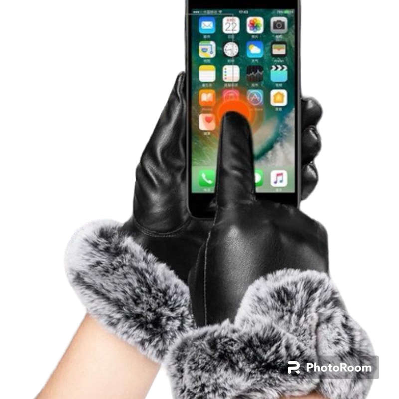 Women Winter Gloves Faux Rabbit PU Leather Touch Screen Mittens Lady Female Outdoor Driving Warm ...