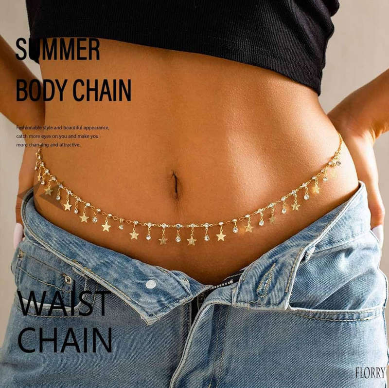 Rhinestone Belly Chain Gold Body Chains for Women Star Waist Chain Crystal Belly Chains for the W...