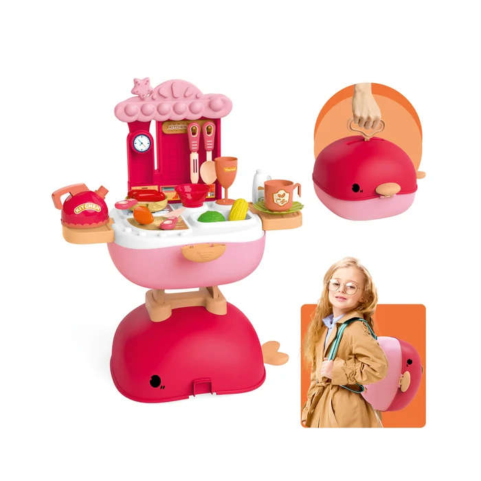 3-in-1 Foldable Kitchen Role Play Set for Girls  30-Piece Pretend Cooking Toy with Portable Wh...