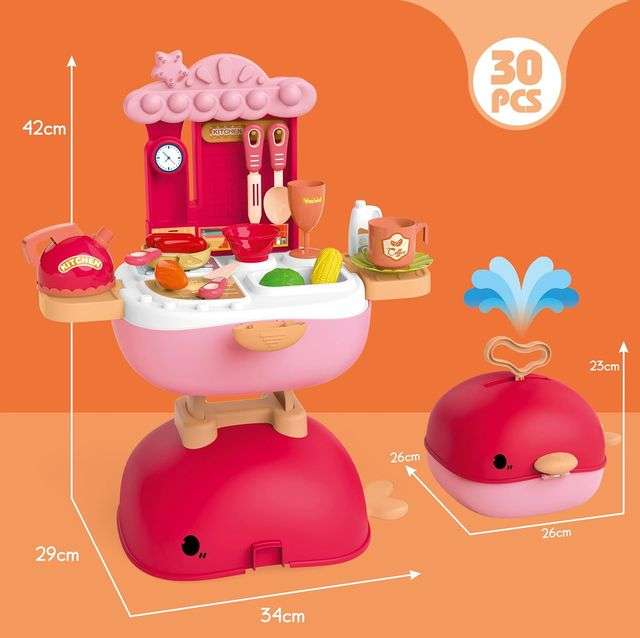 3-in-1 Foldable Kitchen Role Play Set for Girls  30-Piece Pretend Cooking Toy with Portable Wh...