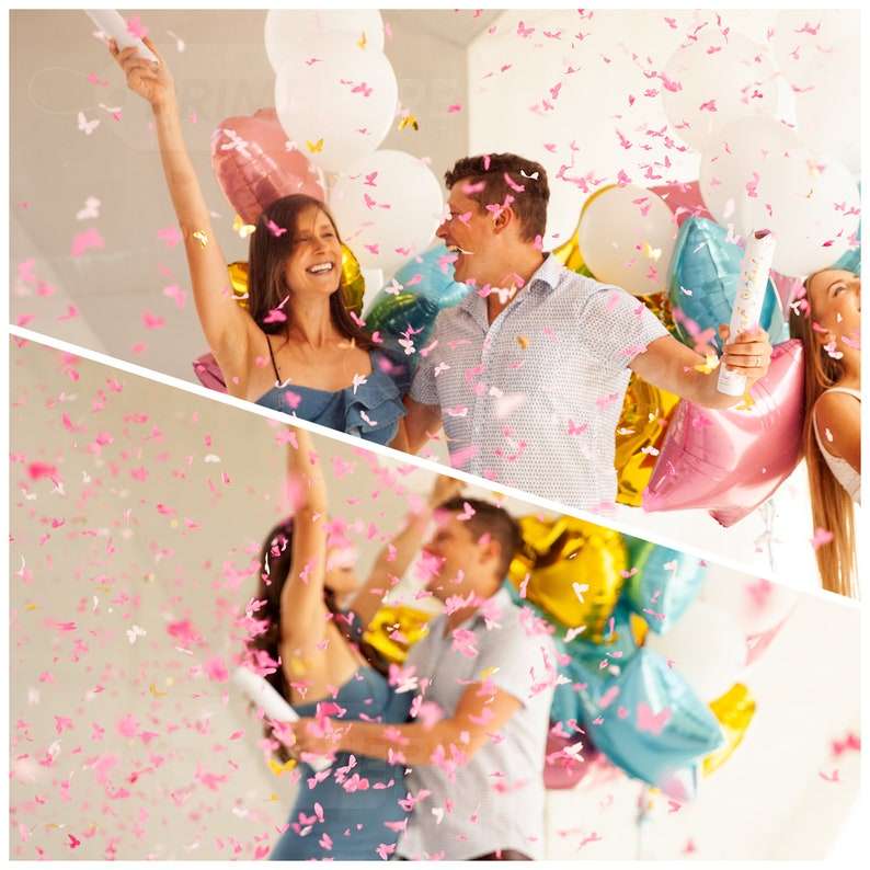 MParty Premium Gender Reveal Confetti Cannon - Set Of 2 - Butterfly Confetti In Pink or Blue, Fo...