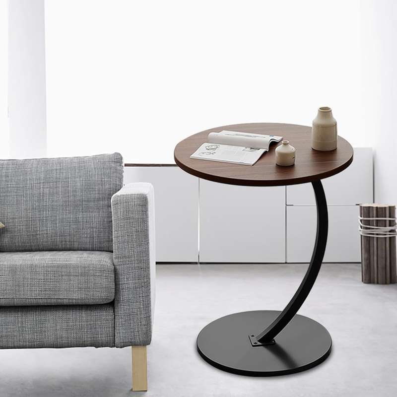 C-Shaped Wooden Side Table  Mobile Small Coffee Table with Metal Frame for Living Room or Bedroom