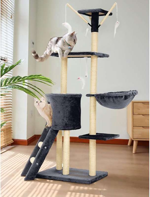 138cm Cat Tree Tower  Multi-Level Climbing Frame With Hammock & Sisal Scratch Posts