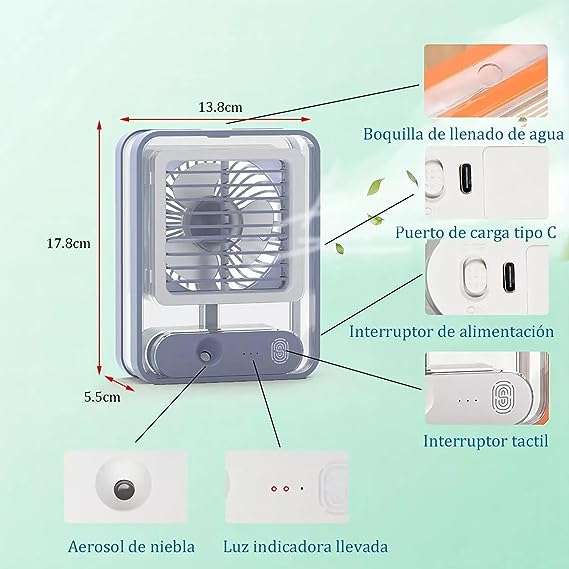 Portable Desk Fan with Night Light, 3 Speed with Spray