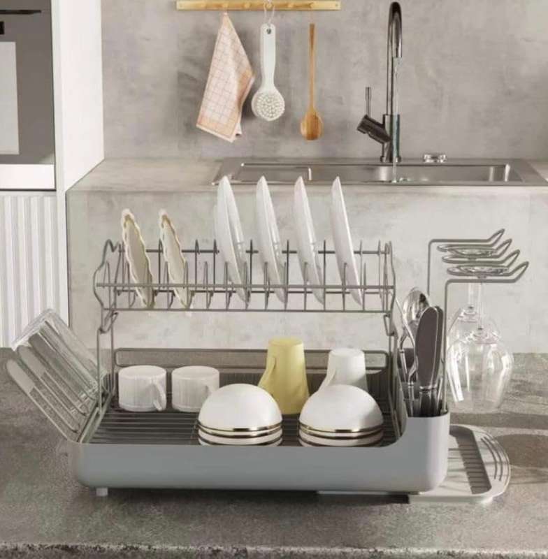 2-Tier Dish Rack with Pull-Out Drain Tray  Large Capacity Countertop Organizer