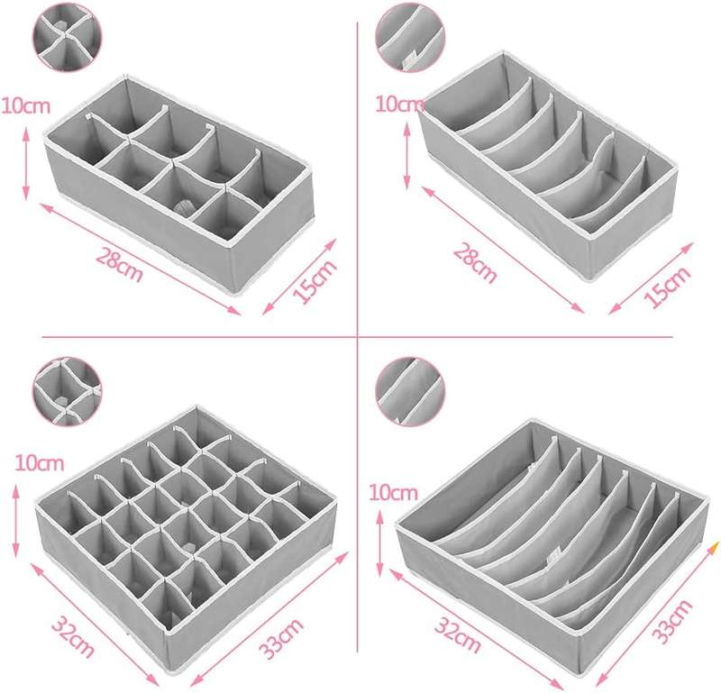 4 Piece Foldable Partition Drawer Organiser Set - Oxford Cloth, Grey