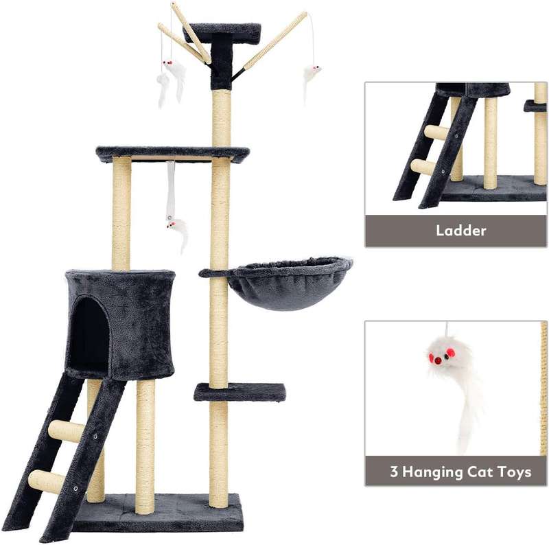 138cm Cat Tree Tower  Multi-Level Climbing Frame With Hammock & Sisal Scratch Posts