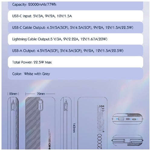LDNIO PQ24 - 20000mAh Power Bank with Built-in Cables - 22.5W MAX - BLACK