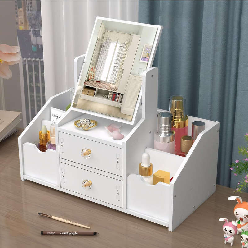 Mbeauty Makeup Organiser with Mirror, White Plastic Cosmetic Organiser With Drawers, Cosmetic Di...