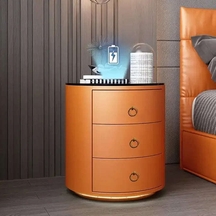 Round Bedside Table Smart Intelligent Audio Password Fingerprint Lock Wireless Charging Leather W...