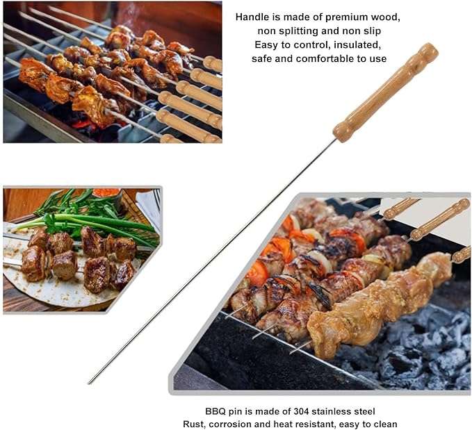Wooden Handle Stainless Steel BBQ Skewers Set