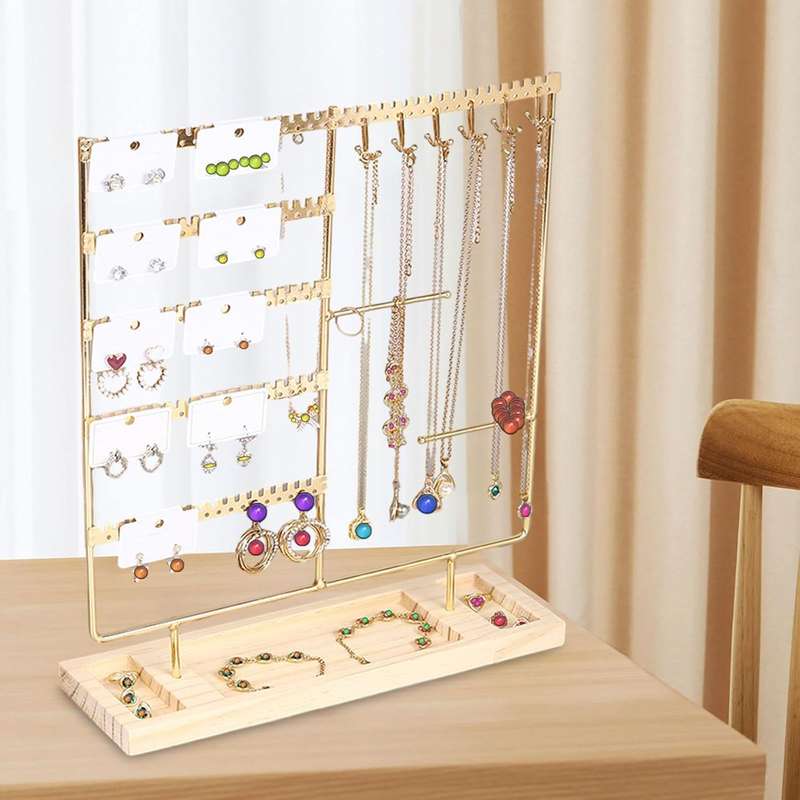 Jewelry Organizer  5 Tier Earring Holder with 90 Holes & 2 Metal Bars | Wooden Base Display Stand
