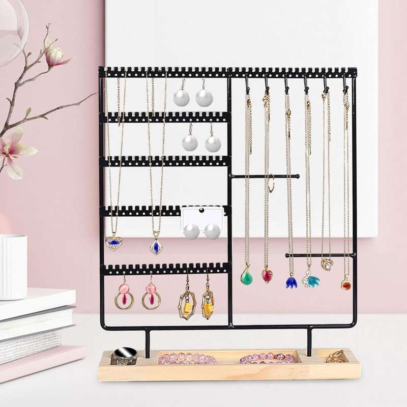 Jewelry Organizer  5 Tier Earring Holder with 90 Holes & 2 Metal Bars | Wooden Base Display Stand