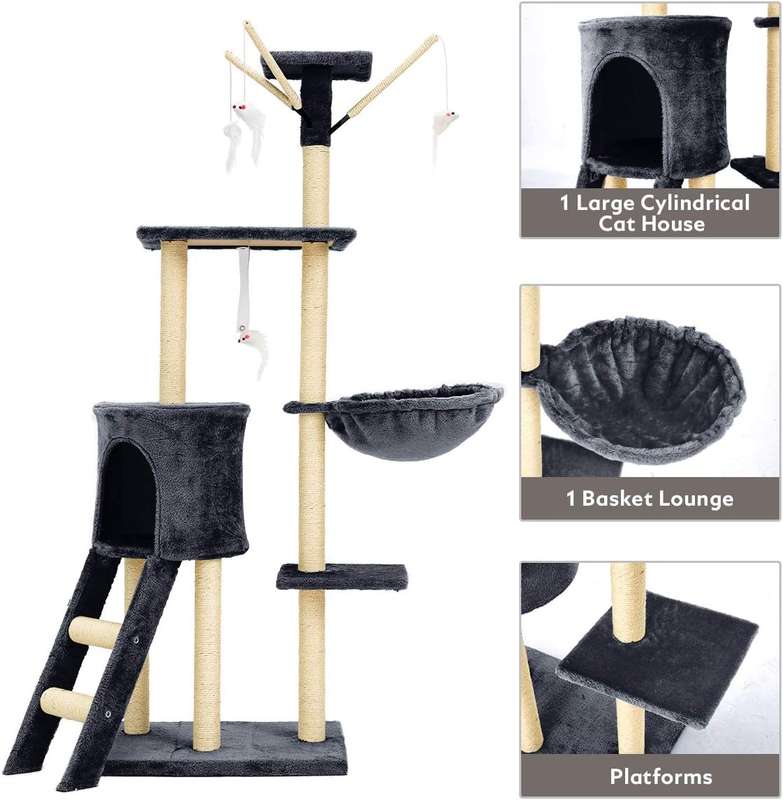 138cm Cat Tree Tower  Multi-Level Climbing Frame With Hammock & Sisal Scratch Posts