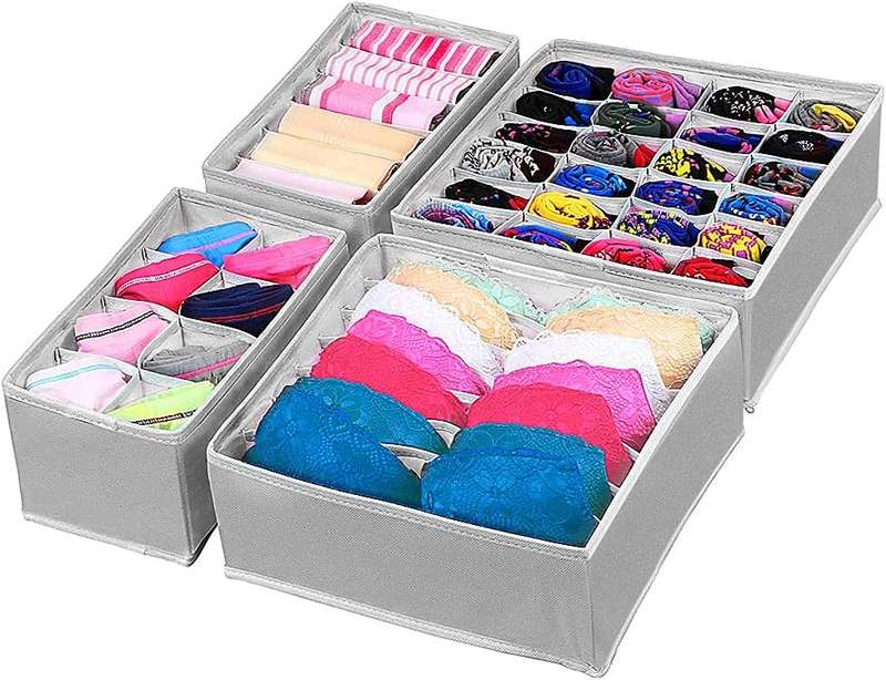 4 Piece Foldable Partition Drawer Organiser Set - Oxford Cloth, Grey