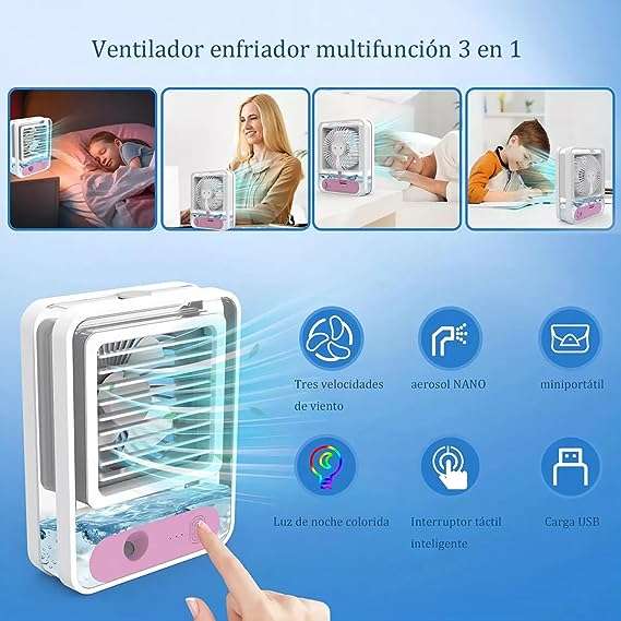 Portable Desk Fan with Night Light, 3 Speed with Spray