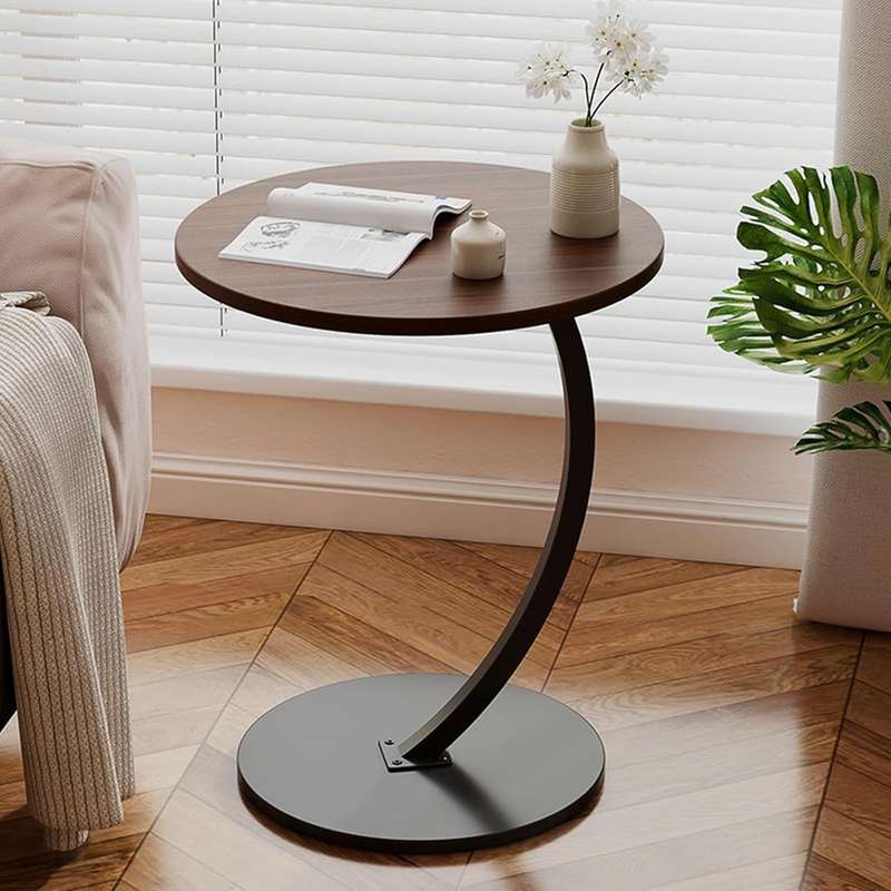 C-Shaped Wooden Side Table  Mobile Small Coffee Table with Metal Frame for Living Room or Bedroom