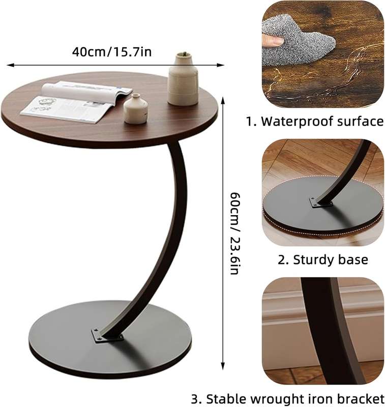 C-Shaped Wooden Side Table  Mobile Small Coffee Table with Metal Frame for Living Room or Bedroom