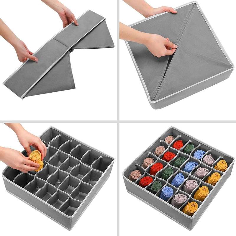 4 Piece Foldable Partition Drawer Organiser Set - Oxford Cloth, Grey