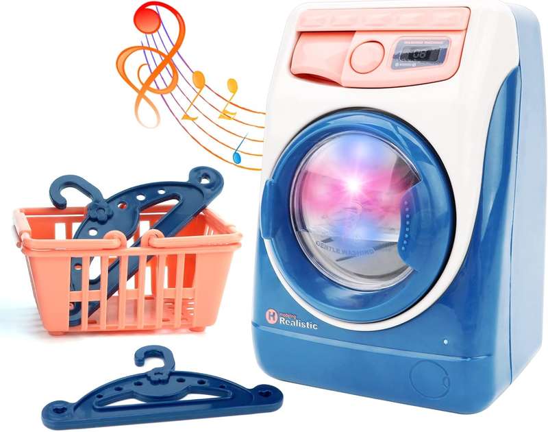 Kids Mini Simulation Washing Machine Toy - Battery Operated Laundry Play Set with Realistic Sound...