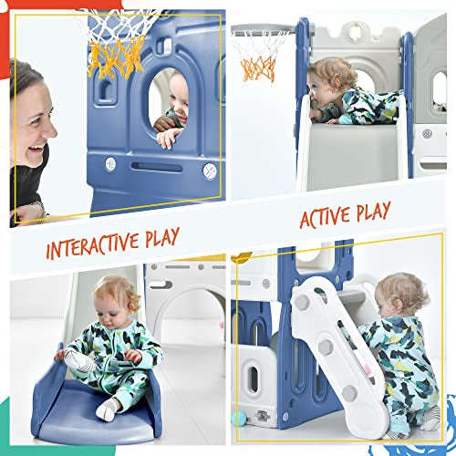 Kids Slide with Climber, Basketball Hoop, Tunnel and Storage Space, Outdoor Indoor Slide Playset ...