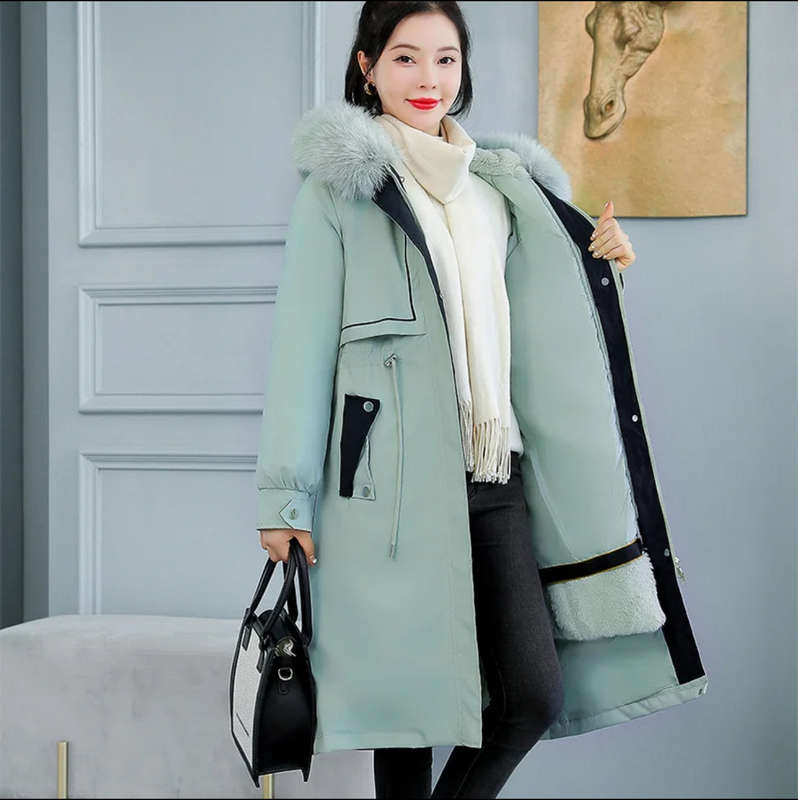 Winter Warm Women Long Parka Fur Collar Cotton Hooded Jacket