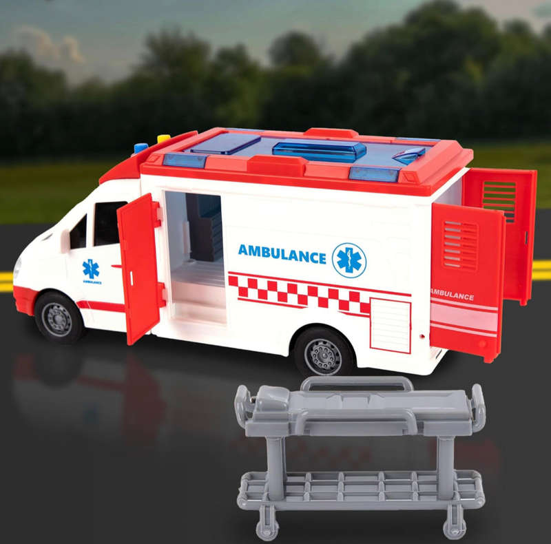 Ambulance Toy Truck for Kids ,Lights & Siren, Friction-Powered 1/16 Scale Rescue Toy Ambulance, E...