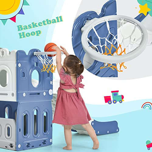 Kids Slide with Climber, Basketball Hoop, Tunnel and Storage Space, Outdoor Indoor Slide Playset ...